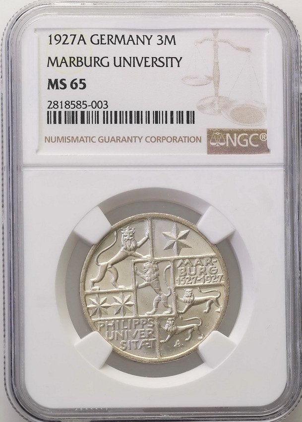 Niemcy. Weimar, 3 marki 1927 A, Uniwersytet Marburg NGC MS65